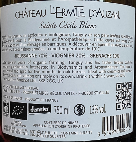 Chateau L'Ermite d'Auzan, Sainte Cecile Blanc 2023 AP Costieres de Nimes, Weißwein, trocken, 0,75l